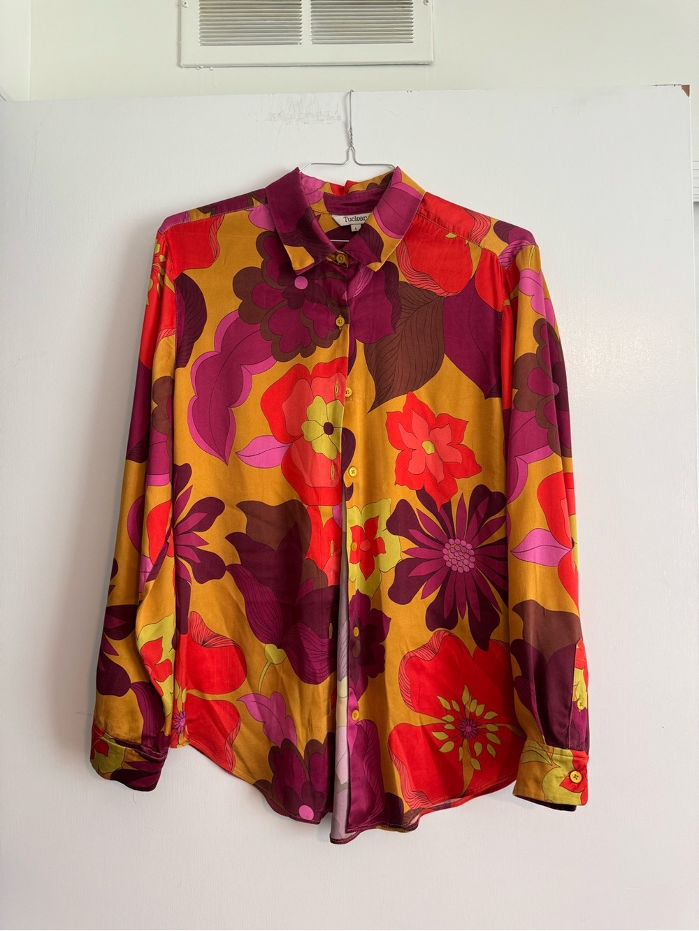 Tucker Bold Floral Silk Button-Up Shirt in Mustard, Red & Magenta